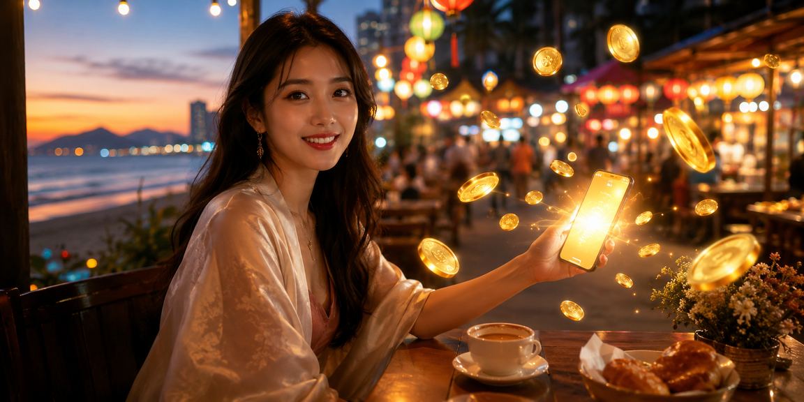 Người dùng Đà Nẵng ngồi cà phê kiểm tra thưởng cashback trên điện thoại