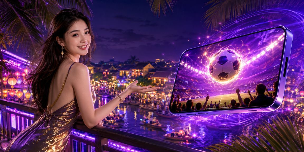 Người chơi tại Hội An thư giãn với điện thoại bên ánh đèn lồng, thể hiện giải trí cân bằng
